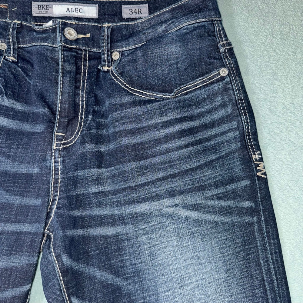 BKE Alec Straight Leg Jeans Dark wash Blue Wiskered Waist 34R/31 Inseam - Picture 6 of 13